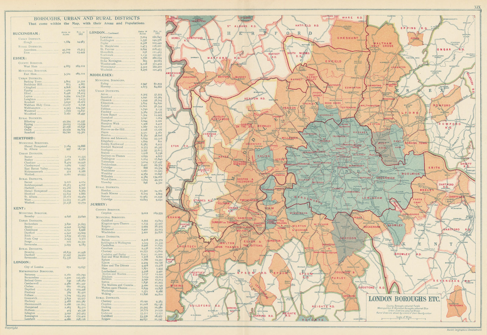 LONDON showing Municipal Boroughs, Urban Districts & Rural areas. BACON 1923 map